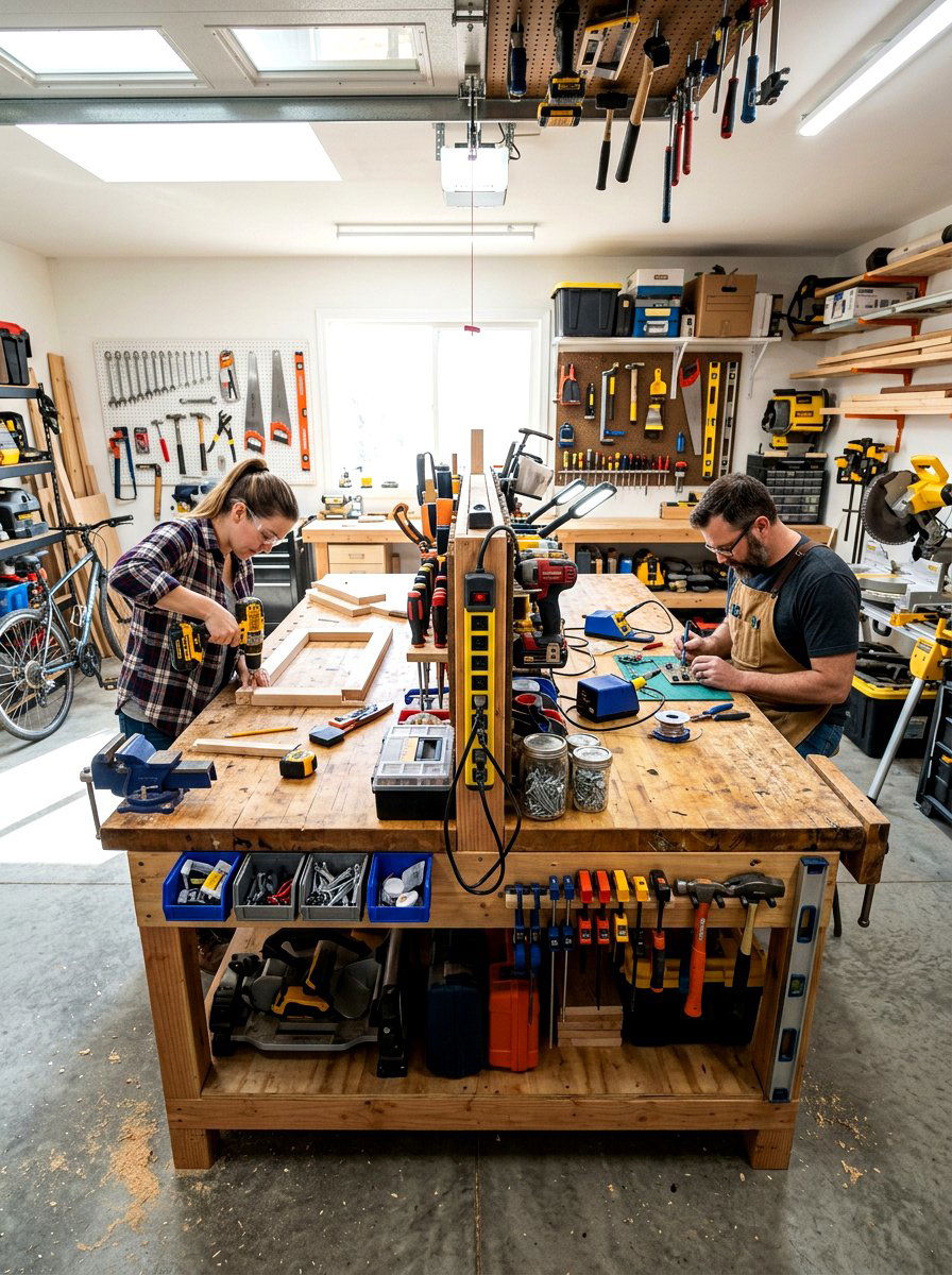 Double Sided Project Table - 30 garage workbench ideas