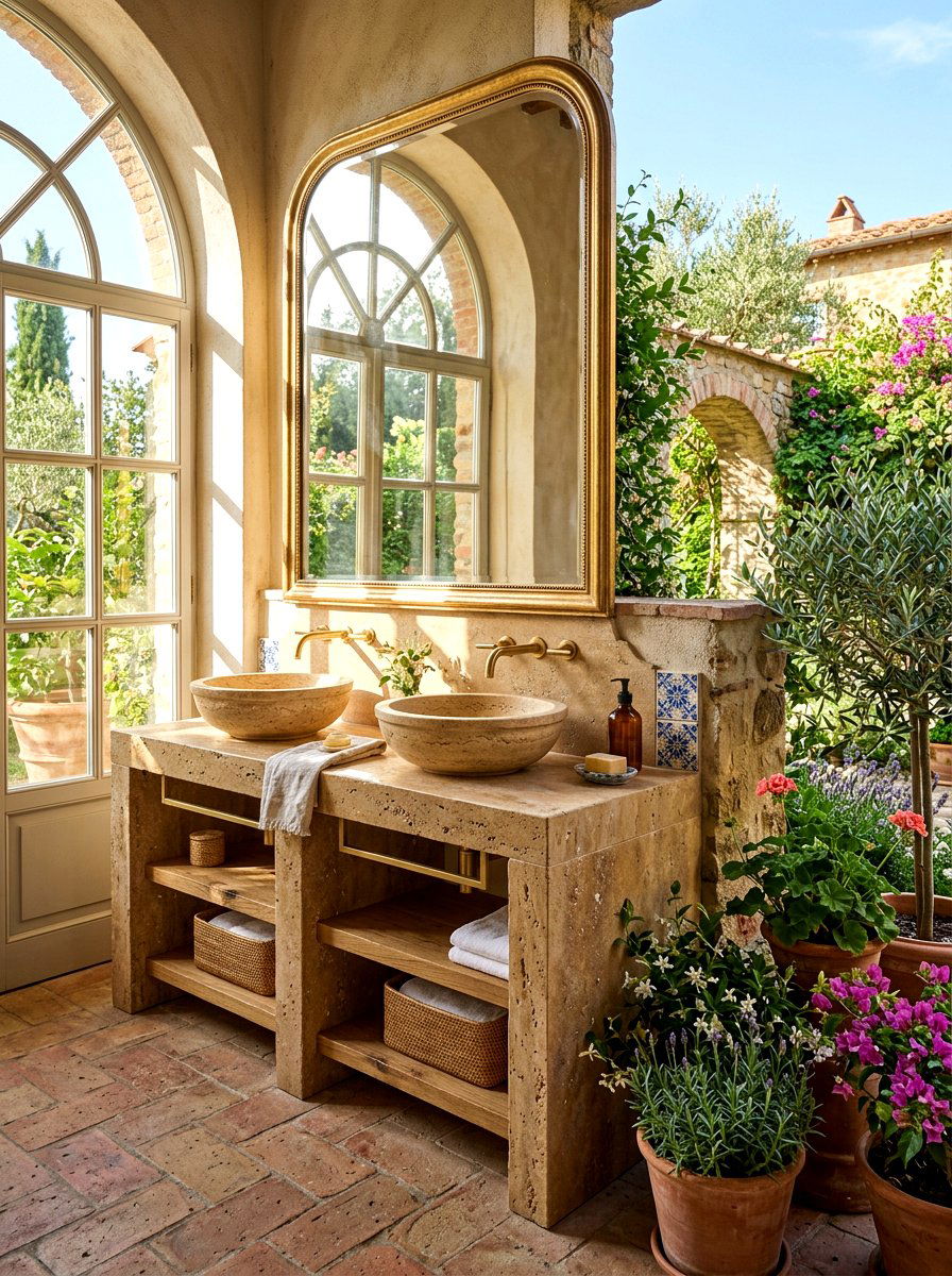 Double Sink Travertine Vanity - 30 integrated stone vanity ideas