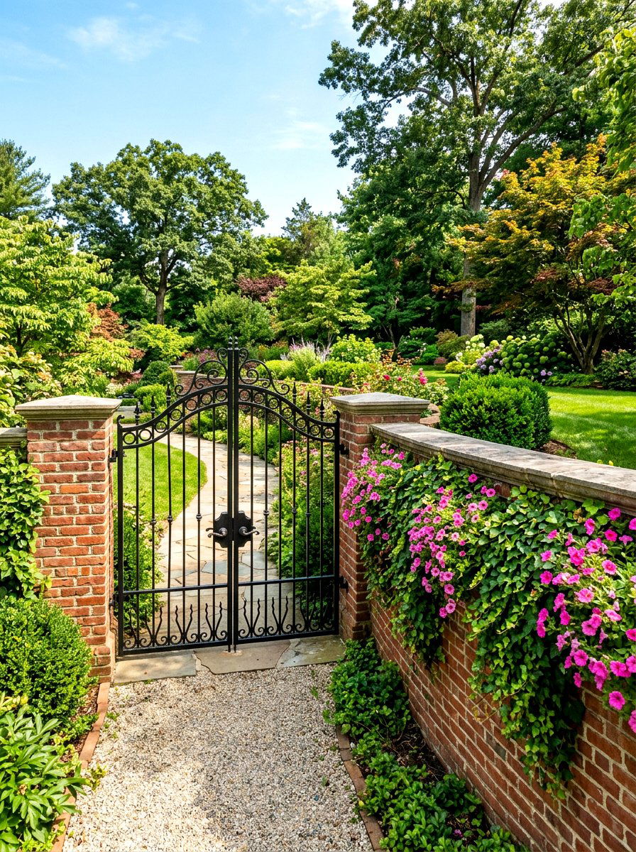 Double Swing Gate With Brick Retaining Wall - 30 driveway gate landscaping ideas