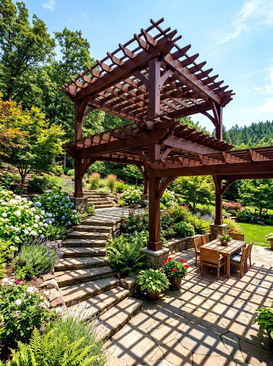 Double Tiered Wood Pergola - 30 wood patio cover ideas