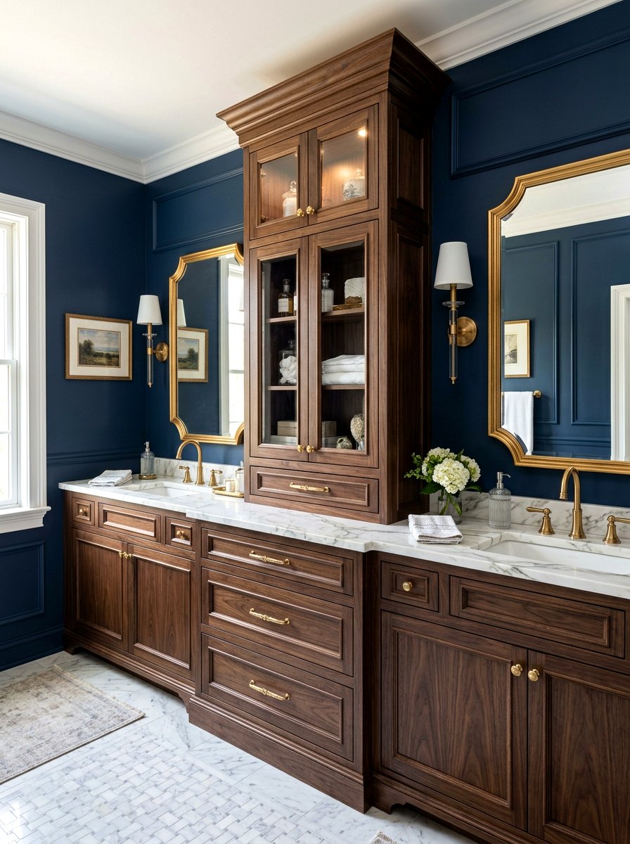 Double Vanity Central Tower - 30 vanity tower storage ideas