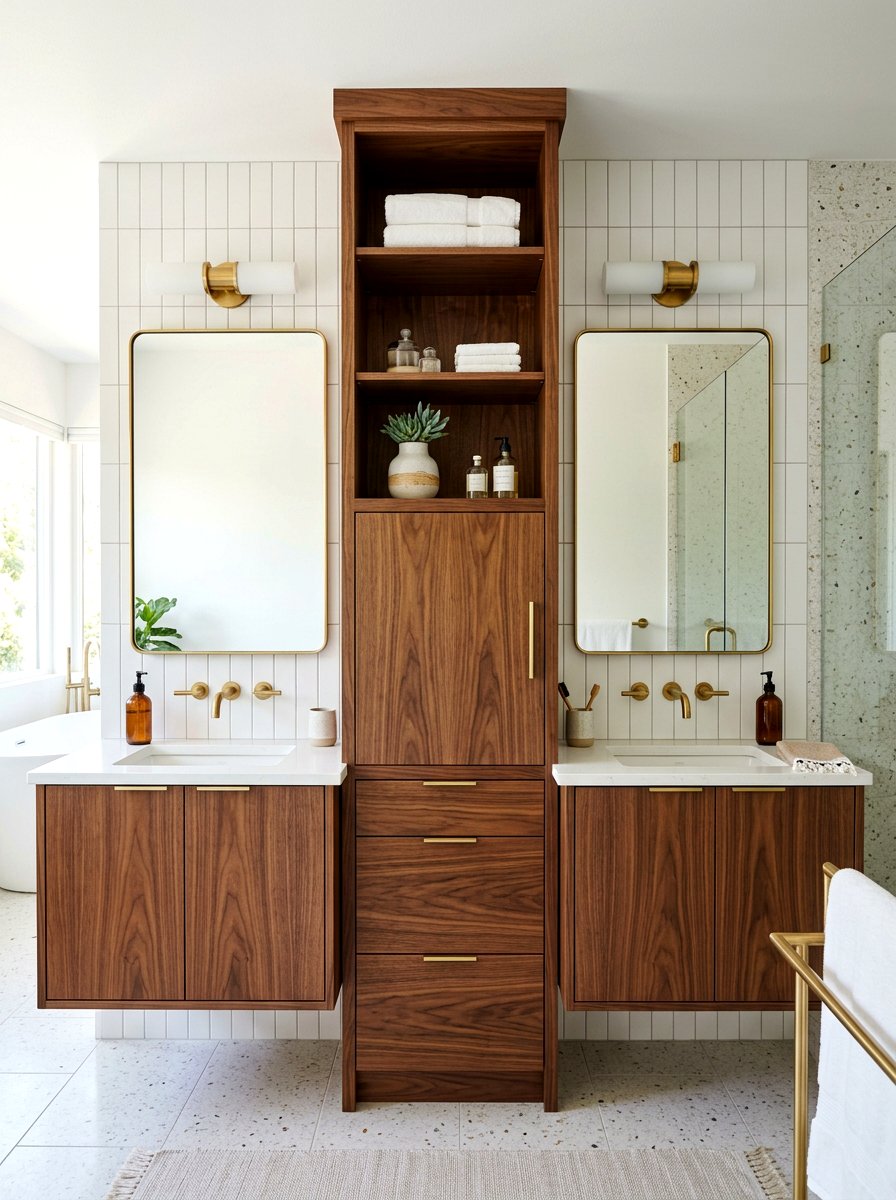 Double Vanity Middle Tower - 30 built in bathroom storage ideas