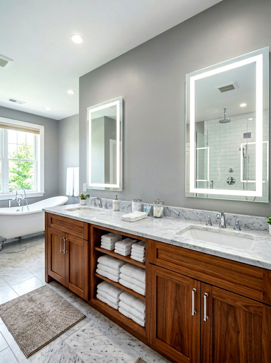 Double Vanity Open Shelves - 30 bathroom linen shelf ideas