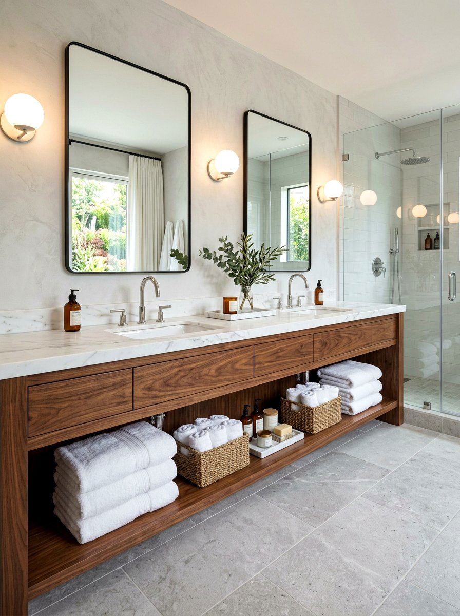 Double Vanity Shelf - 30 towel storage ideas
