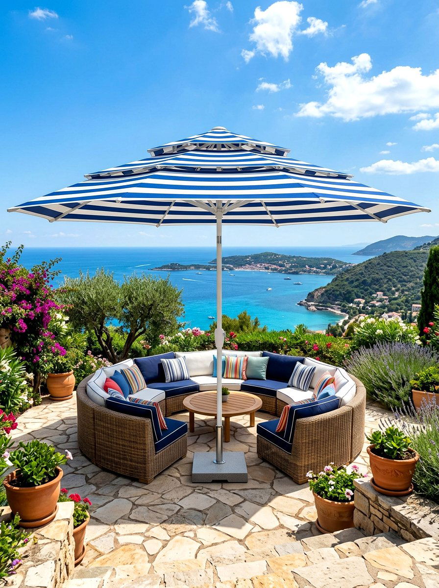 Double Vent Striped Umbrella - 30 striped umbrella patio ideas