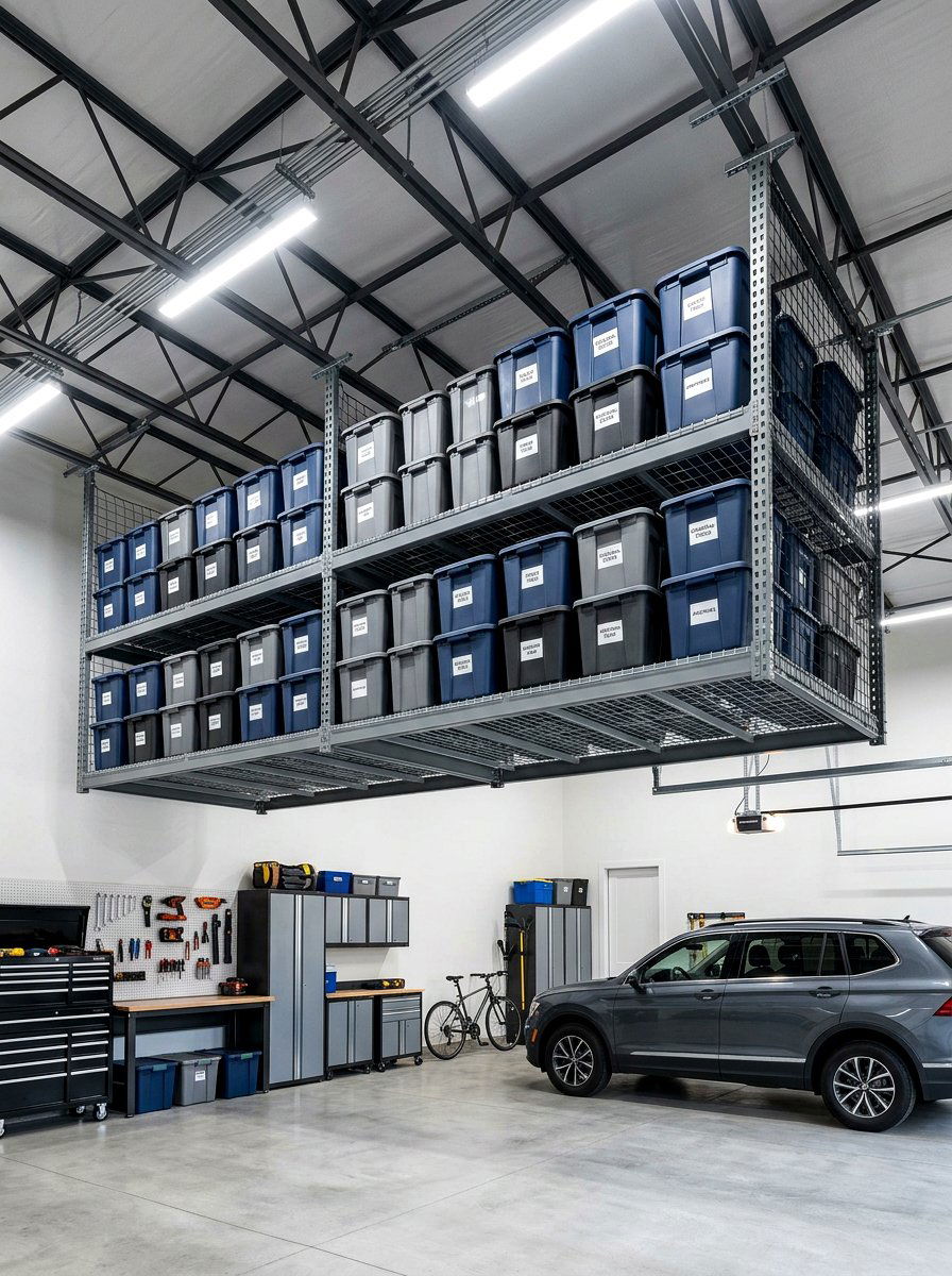 Double decker ceiling shelf - 30 garage ceiling storage ideas
