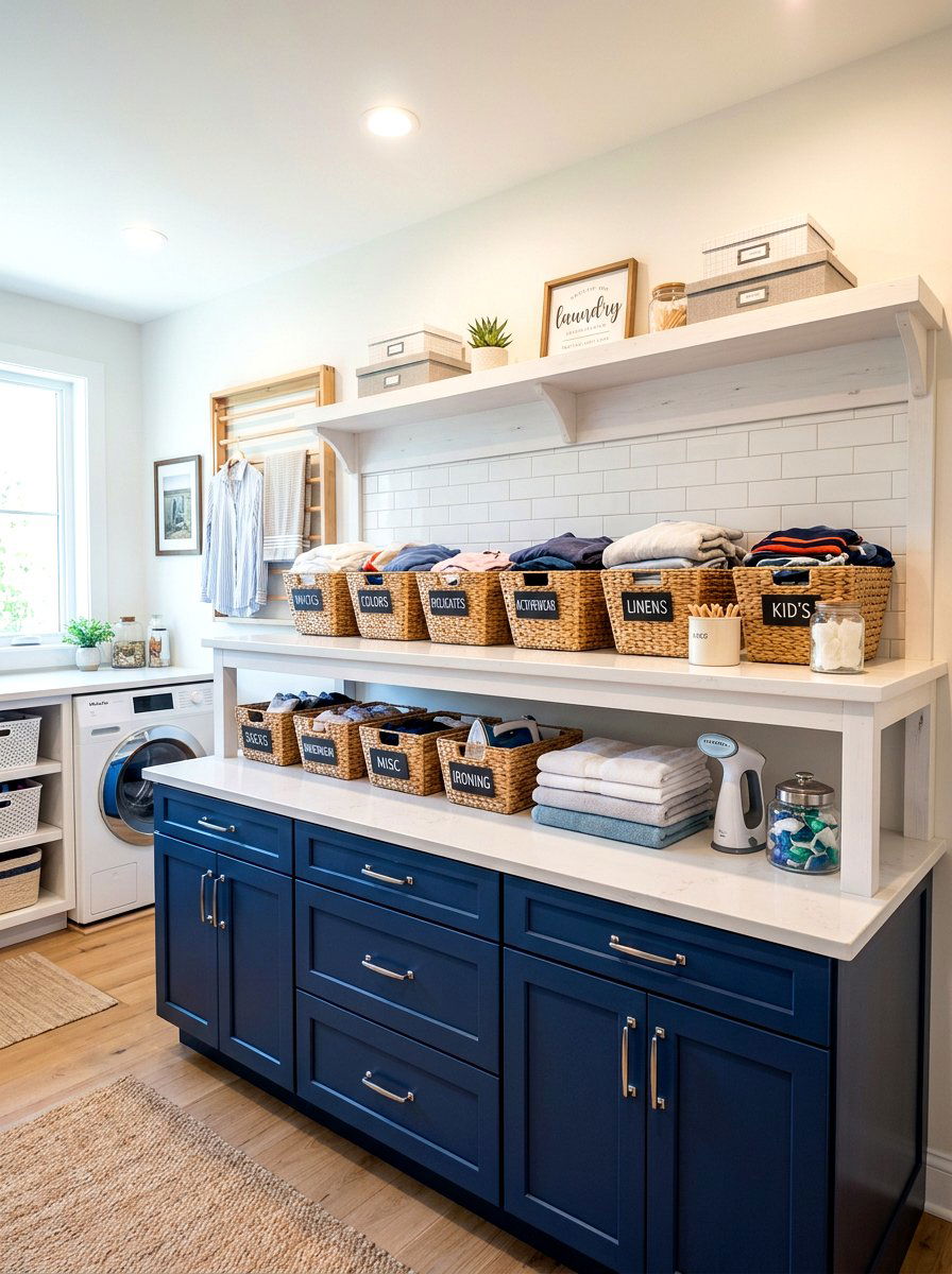 Double decker laundry folding station - 30 laundry room folding station ideas
