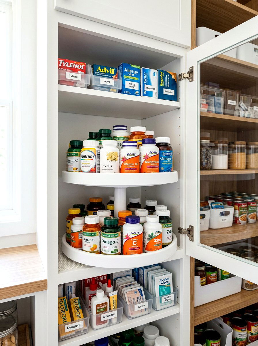 Double decker turntable for vitamins - 30 lazy Susan pantry ideas