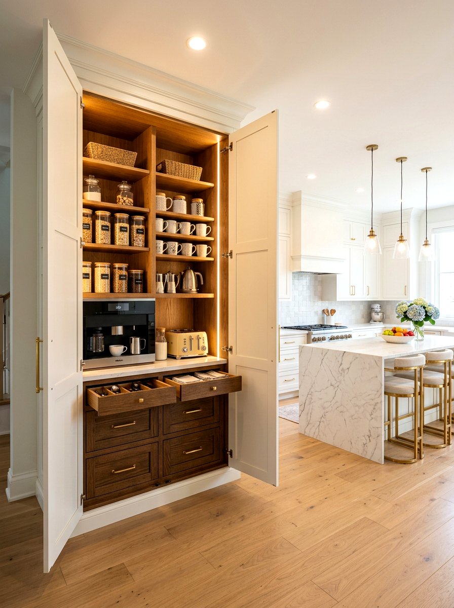 Double door concealed pantry - 30 hidden coffee pantry ideas
