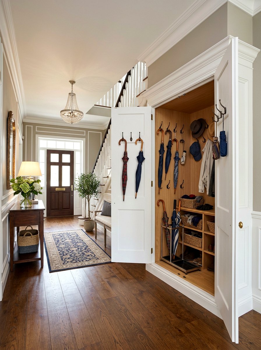 Double door entryway umbrella closet - 30 umbrella cabinet ideas