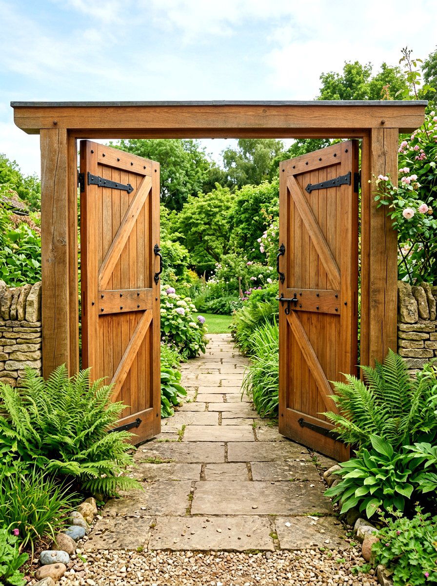 Double door wooden gate - 30 cottage gate curb appeal ideas