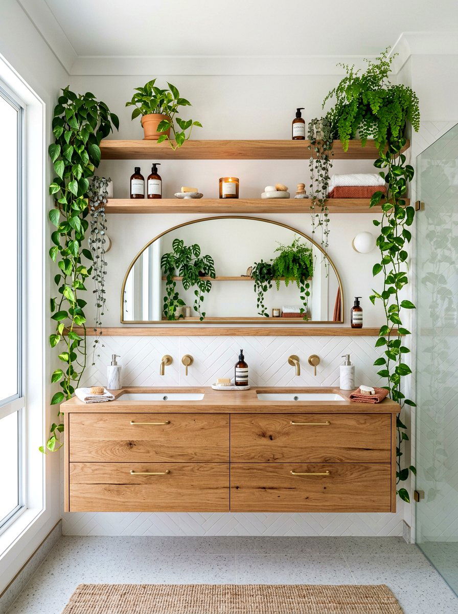 Double floating vanity shelf - 30 bathroom plant shelf ideas