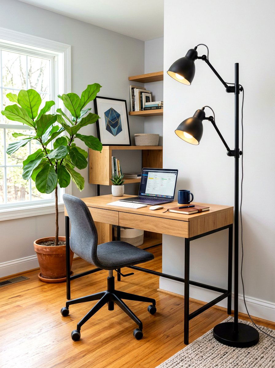 Double header floor lamp - 30 cozy lamp lit living room ideas