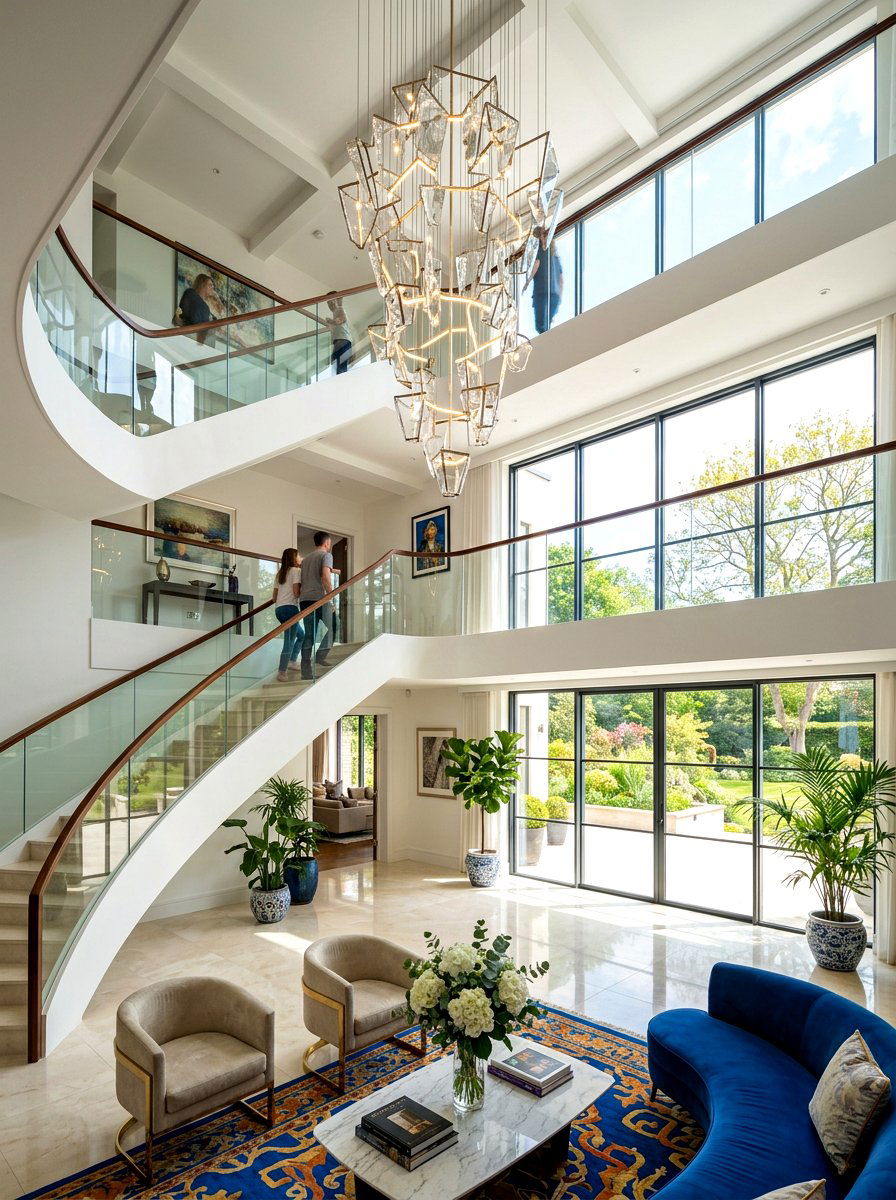 Double height ceiling foyer chandelier - 30 statement staircase lighting ideas