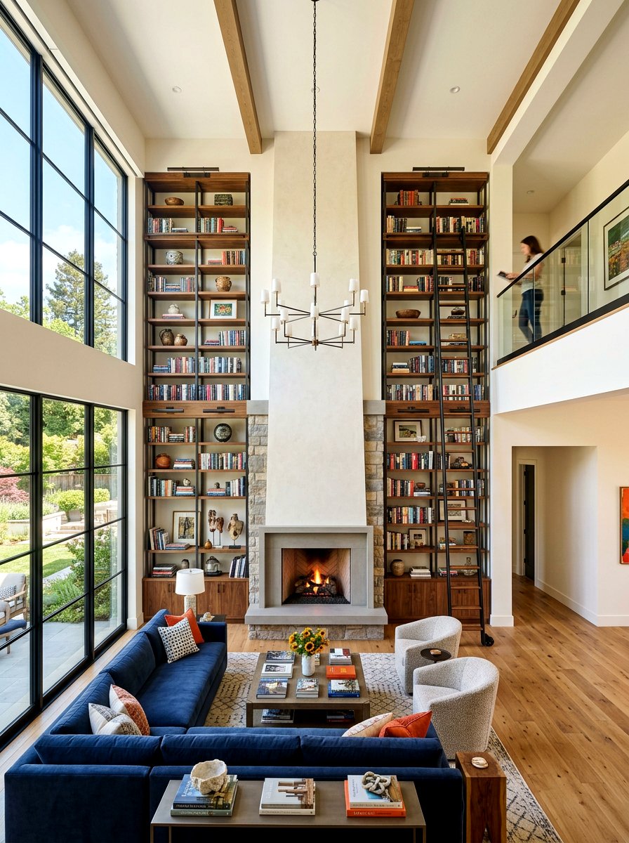 Double height great room shelving - 30 library ladder ideas