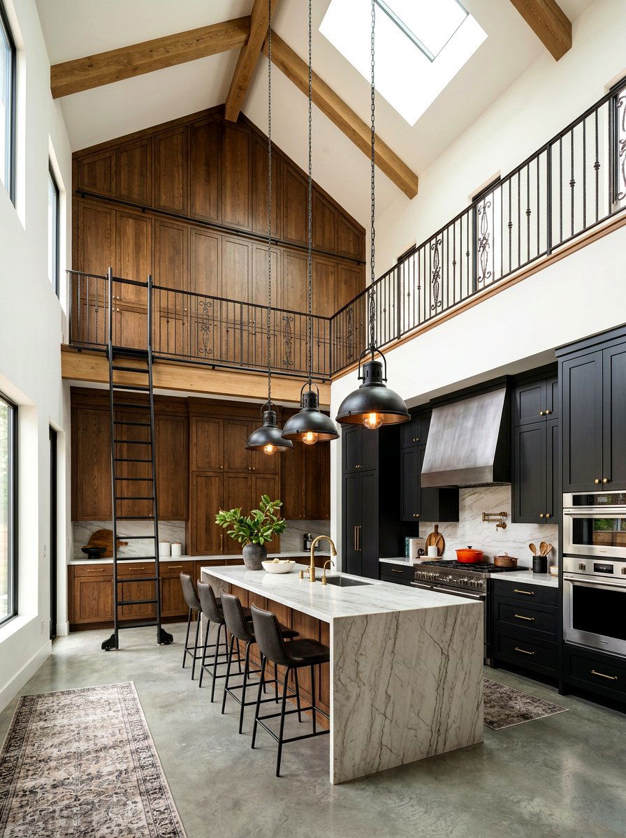 Double height kitchen ladder - 30 library ladder kitchen ideas
