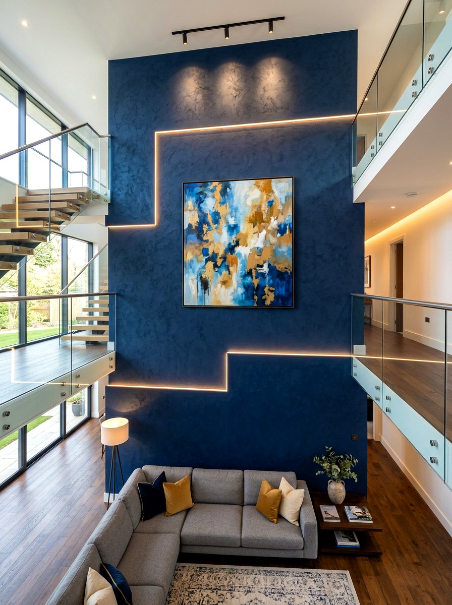 Double height split level accent wall - 30 split level living room ideas