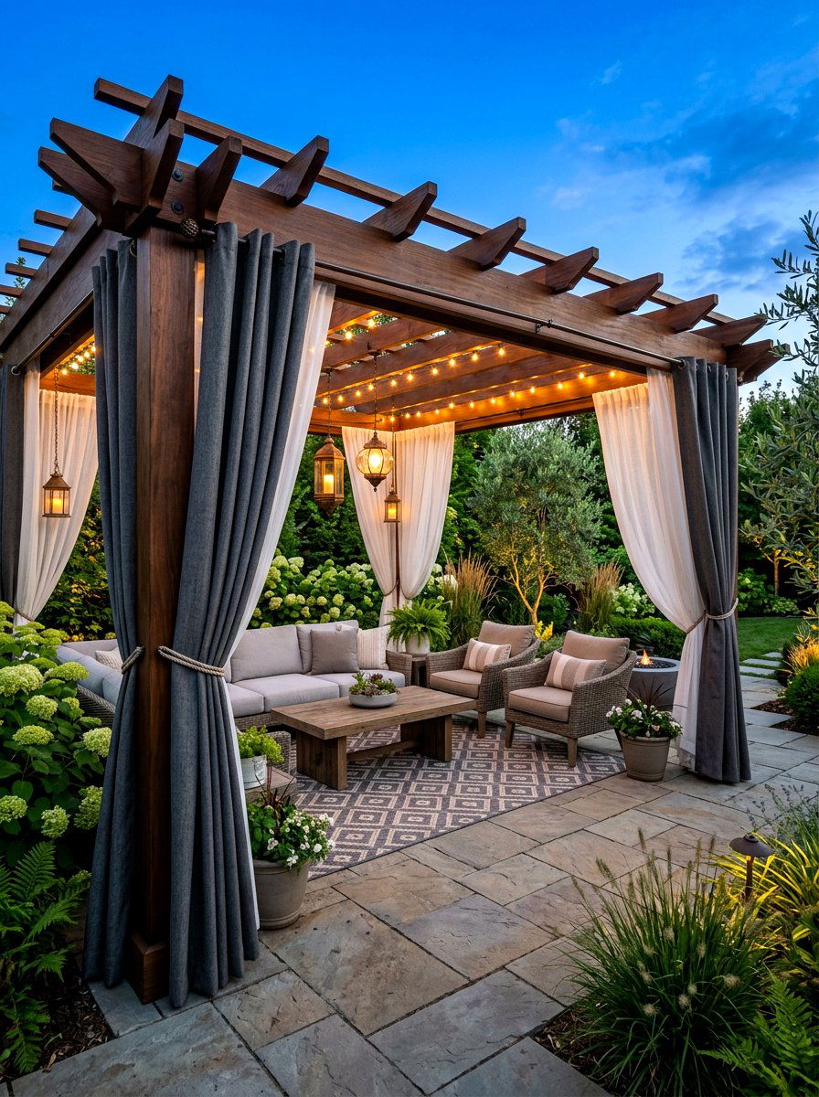 Double layer curtains - 30 pergola curtain ideas