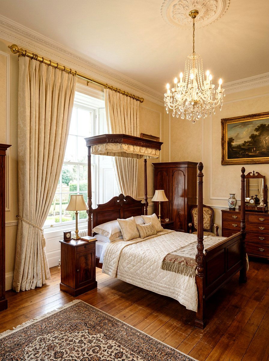 Double pleated drapes on brass rods - 30 bedroom curtain layering ideas