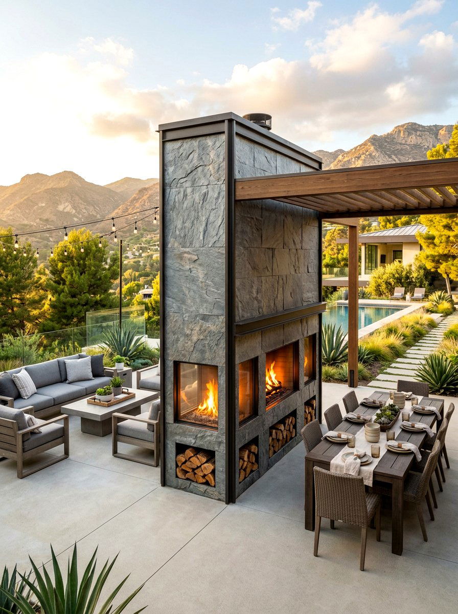 Double sided outdoor fireplace - 30 patio fireplace lounge ideas