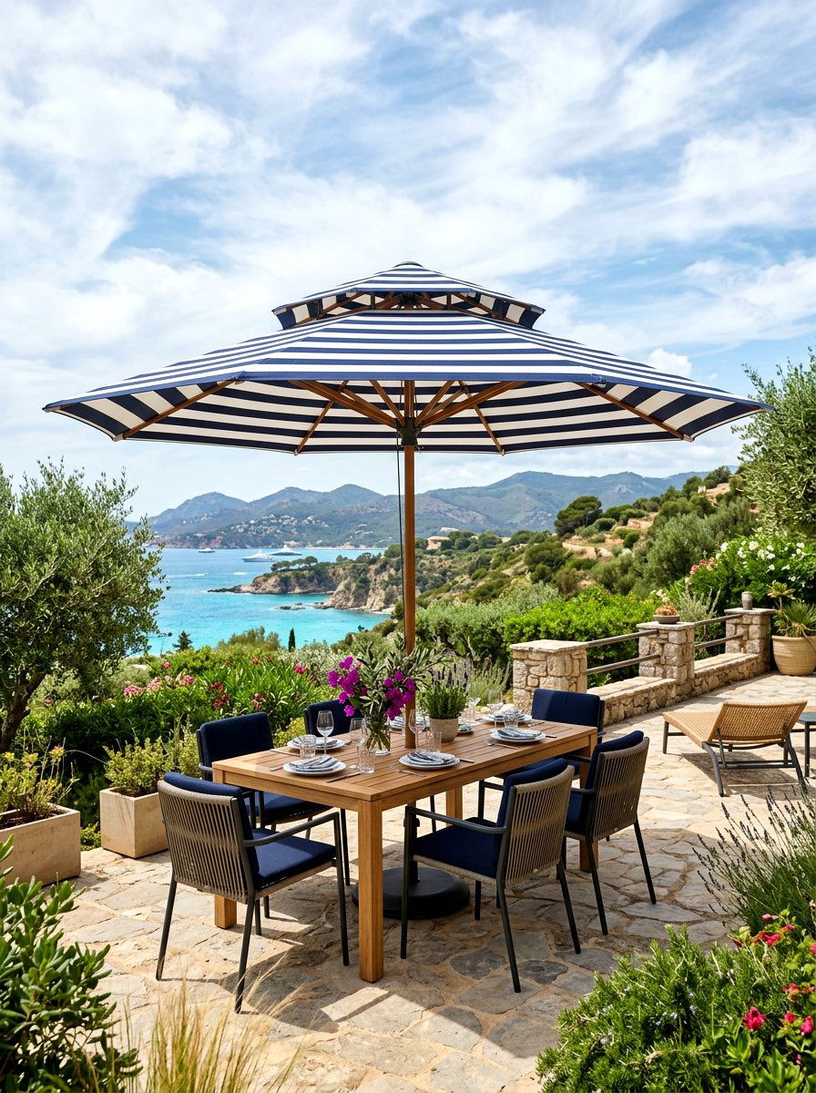 Double tier striped patio umbrella - 30 striped patio umbrella ideas