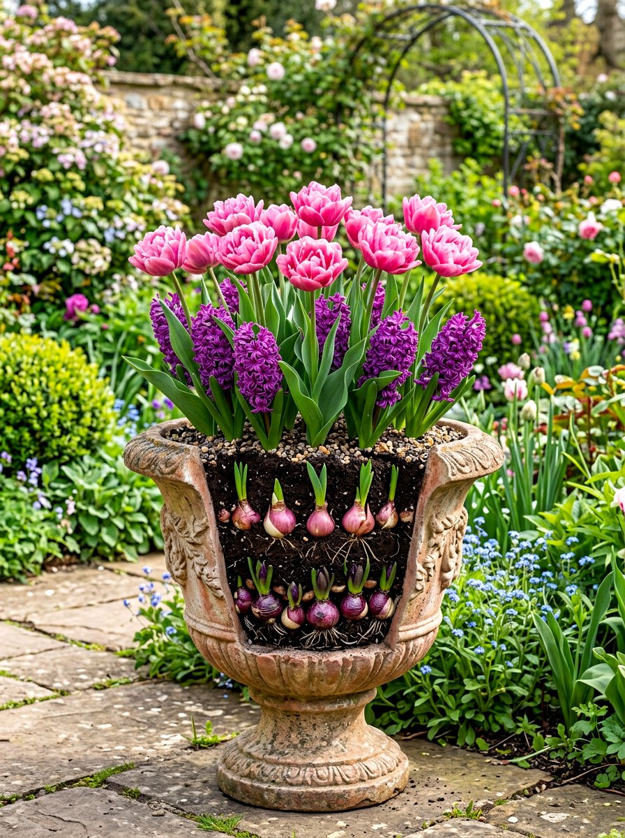 Double tulip and hyacinth pot - 30 bulb layer planting ideas