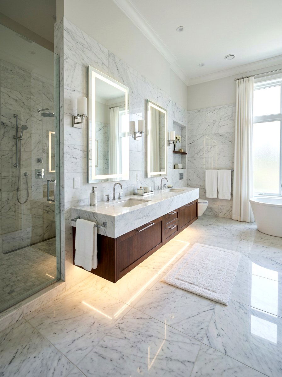 Double vanity floor glow - 30 toe kick bathroom lighting ideas