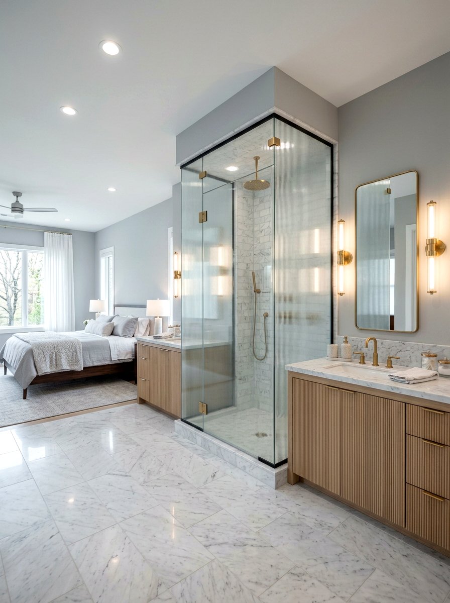 Double vanity ribbed glass shower - 30 ribbed glass shower ideas