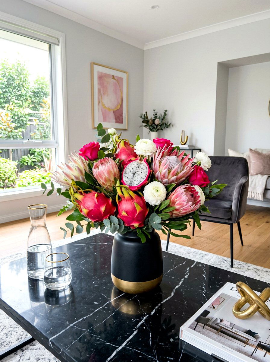 Dragon fruit and protea arrangement - 30 fruit and floral tablescape ideas