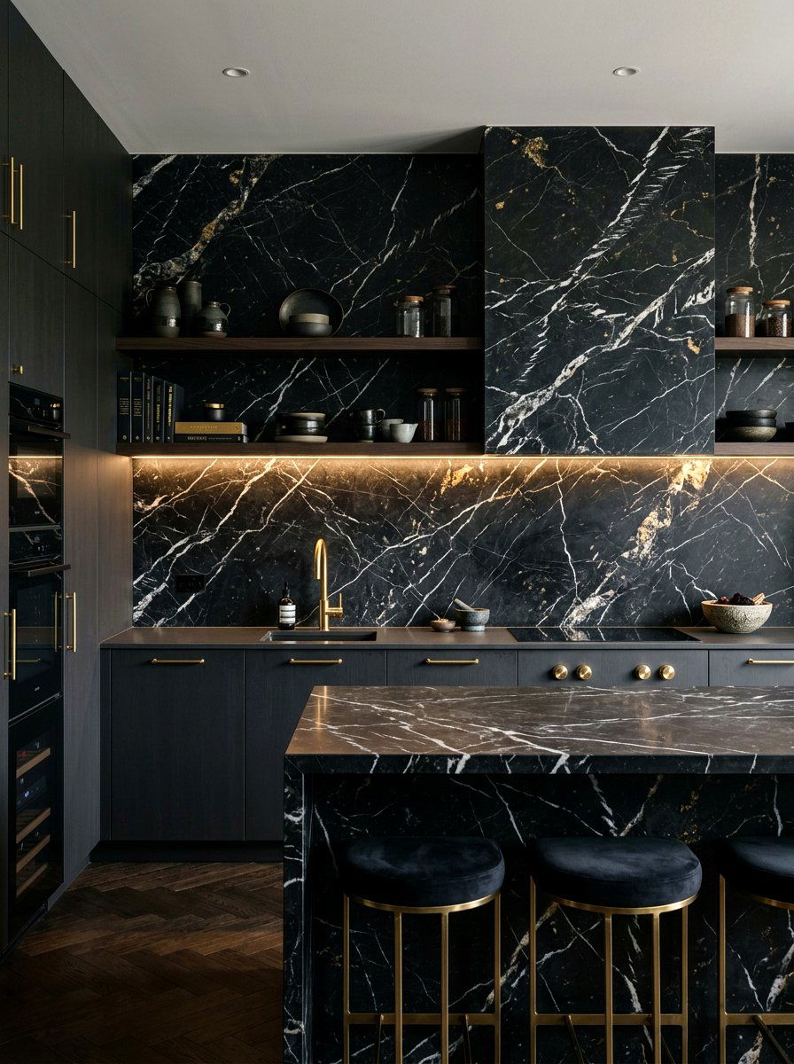 Dramatic dark marble backsplash - 30 slab backsplash ideas