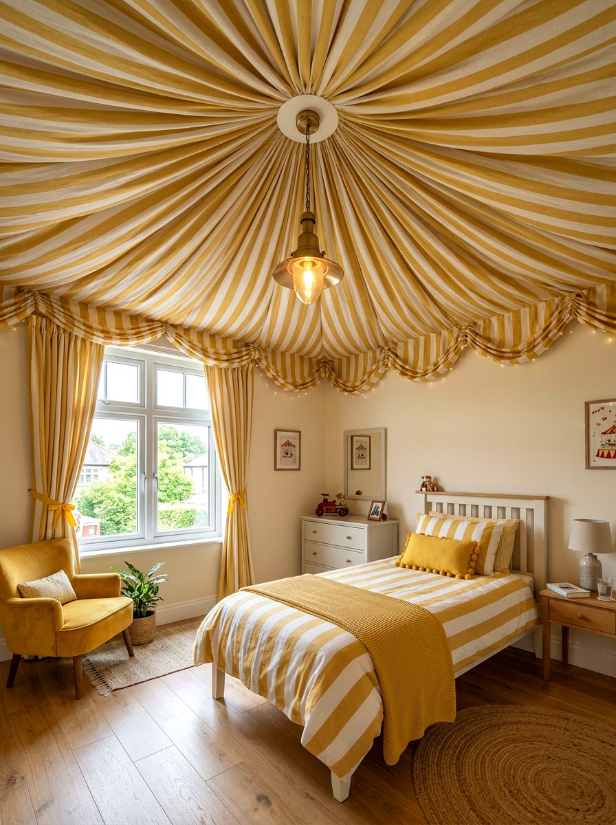 Draped fabric circus ceiling - 30 circus stripe kids room ideas