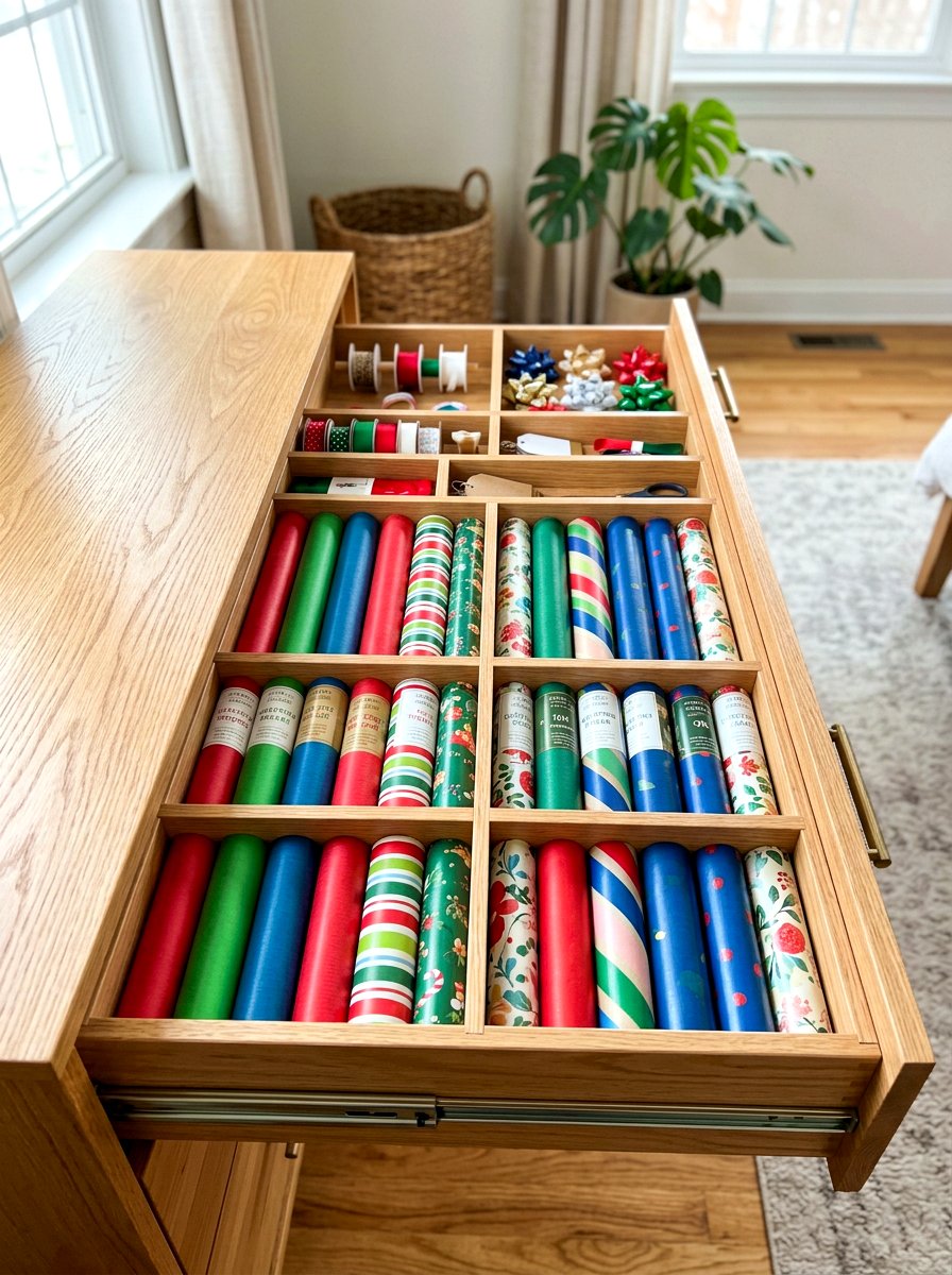 Drawer wrapping paper organizer - 30 wrapping paper storage ideas