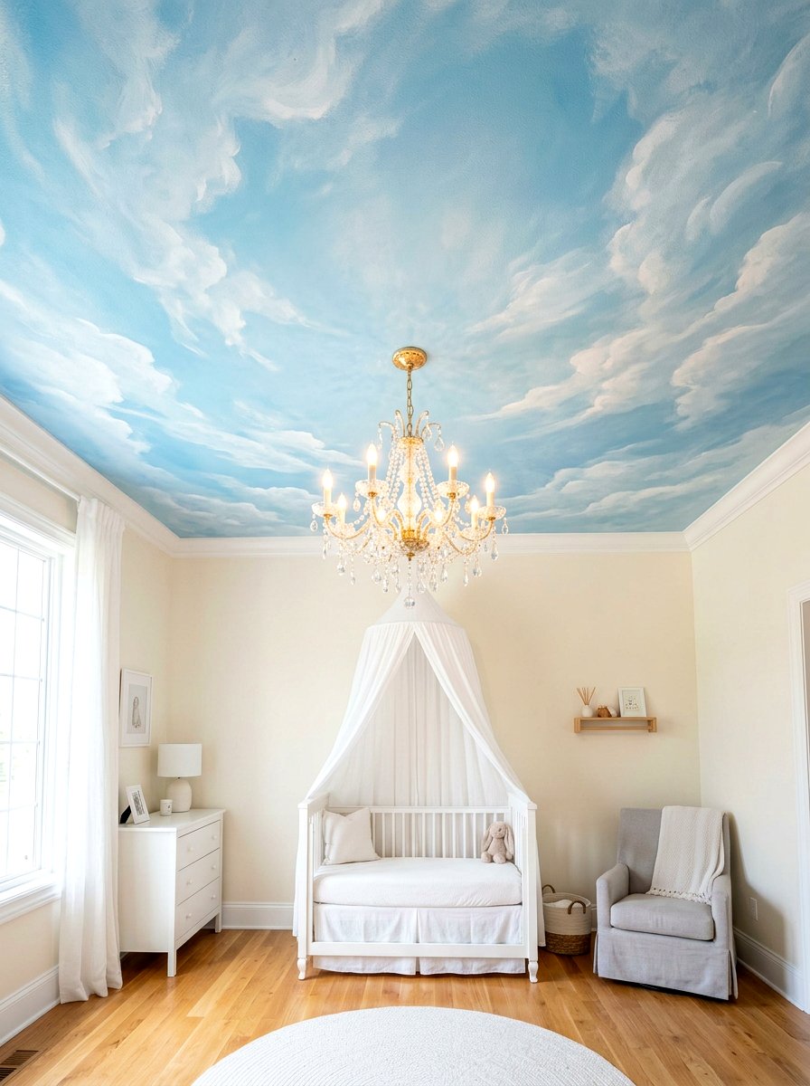 Dreamy clouds ceiling mural - 30 romantic baby room ideas