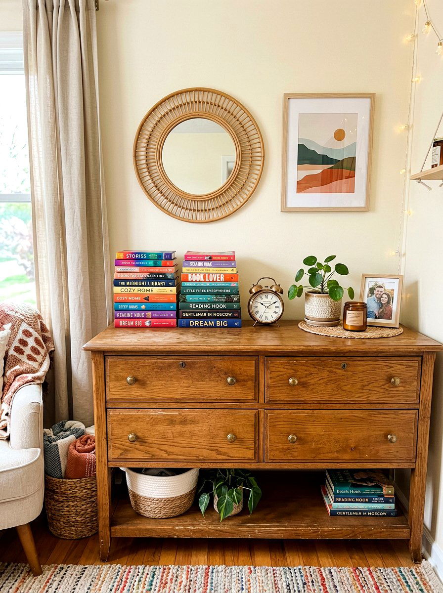 Dresser with decorative books - 30 bedroom dresser styling ideas