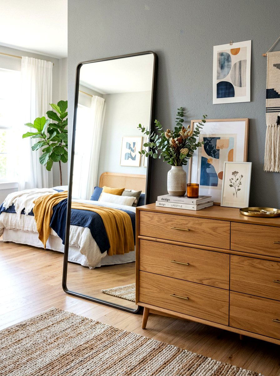 Dresser with leaning mirror - 30 bedroom dresser styling ideas