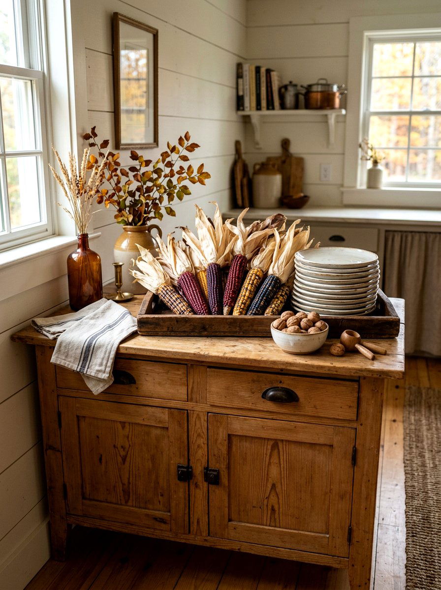 Dried Corn Cobs Display - 30 natural harvest decor ideas