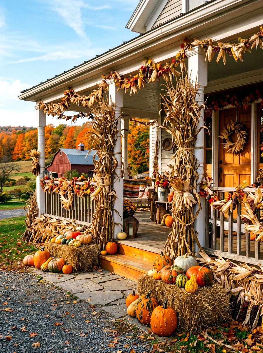 Dried Corn Husk Porch - 30 Halloween porch ideas