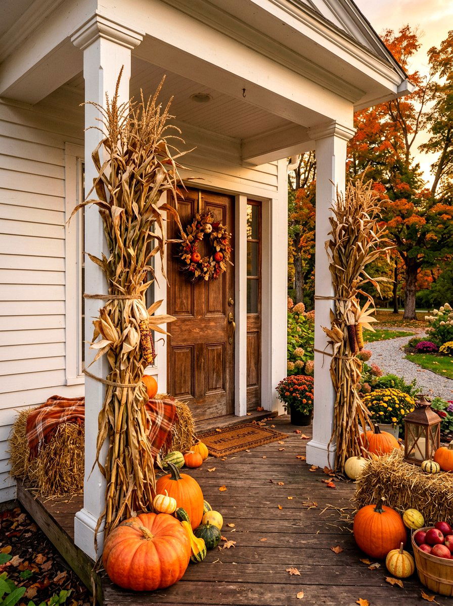 Dried Corn Stalk Porch - 30 natural autumn porch ideas