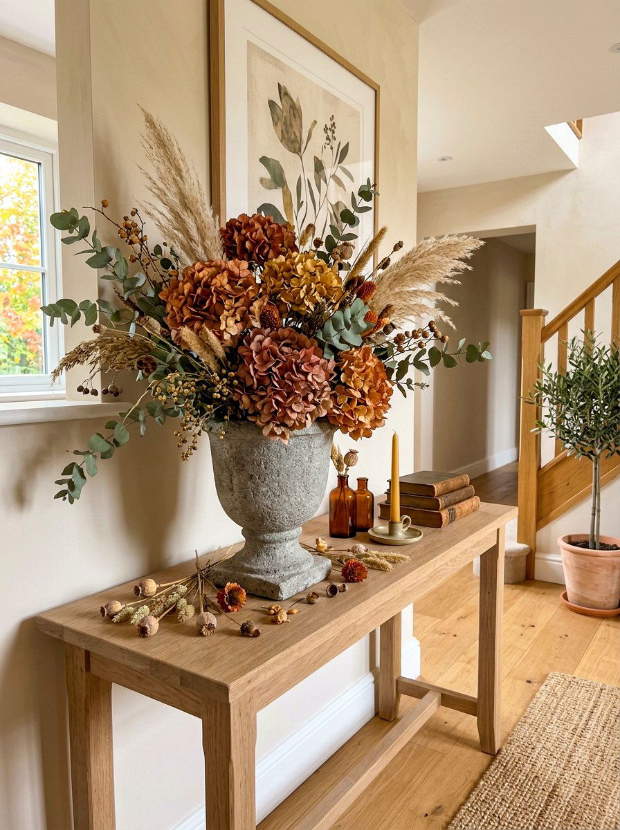 Dried Floral Autumn Console - 30 Thanksgiving entry table ideas