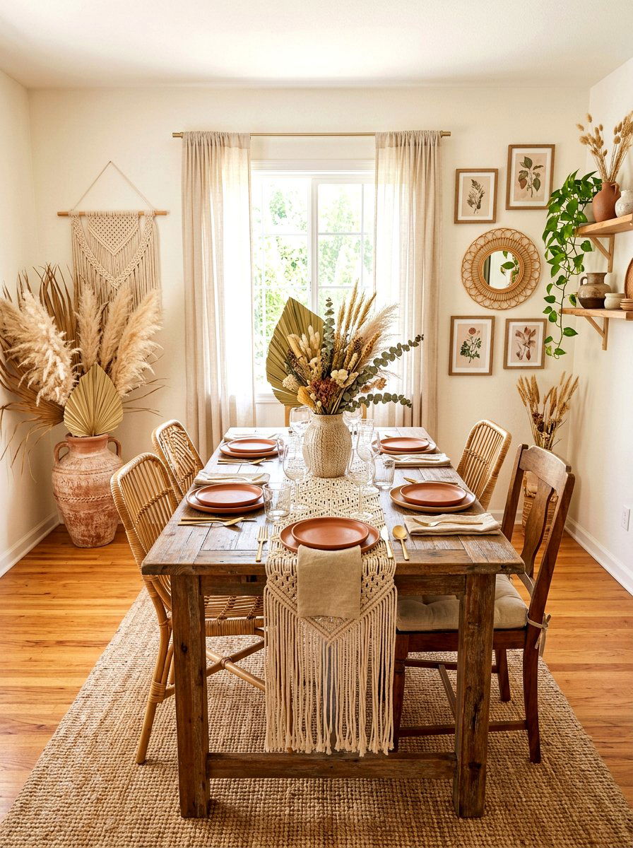 Dried Floral Boho Tablescape - 30 layered tablescape dining ideas