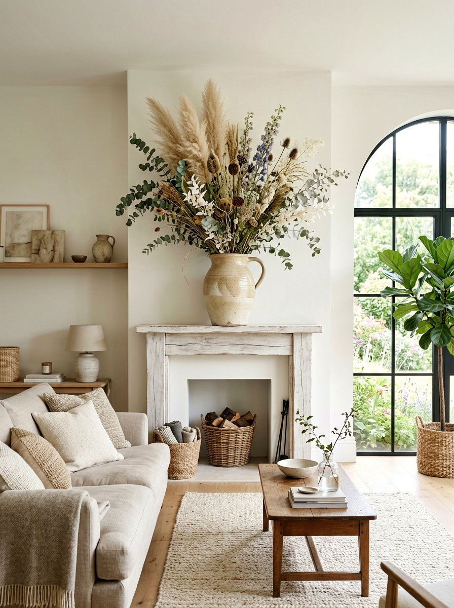 Dried Flower Arrangement - 30 fireplace mantel ideas