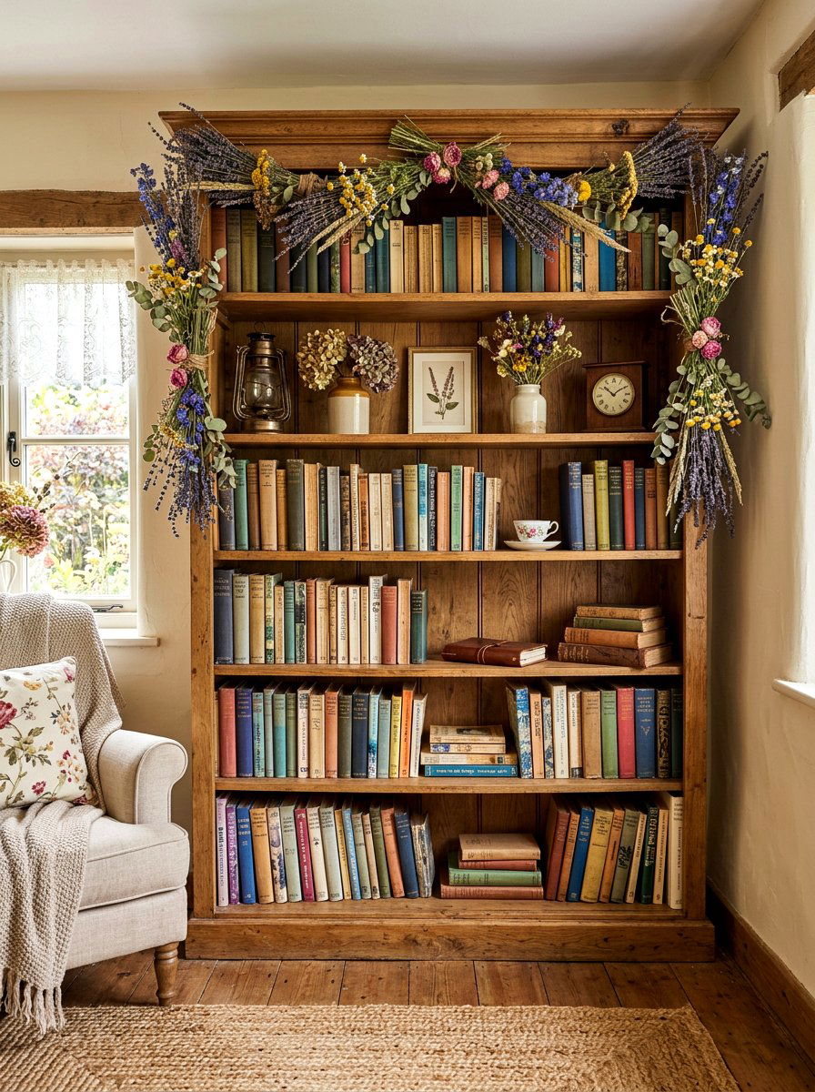 Dried Flower Bookshelf Garland - 30 bookshelf garland ideas
