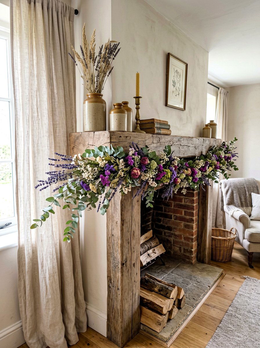 Dried Flower Garland - 30 vintage mantel styling ideas