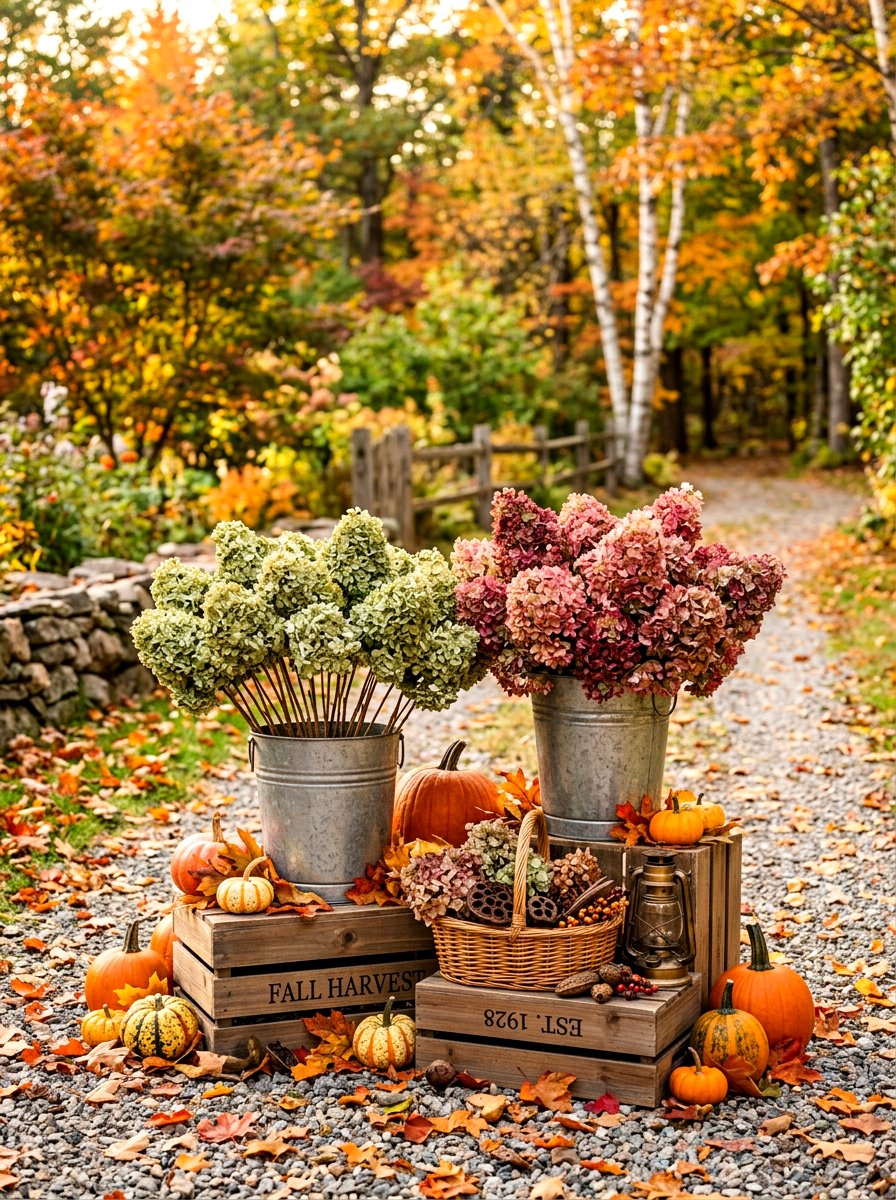 Dried Hydrangea Fall Setup - 30 front porch hydrangea ideas