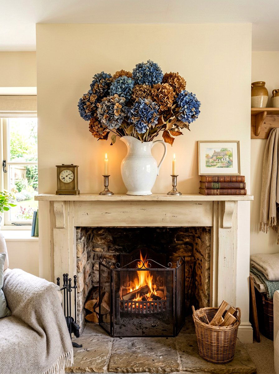 Dried Hydrangea Floral Arrangement - 30 fall mantel layering ideas