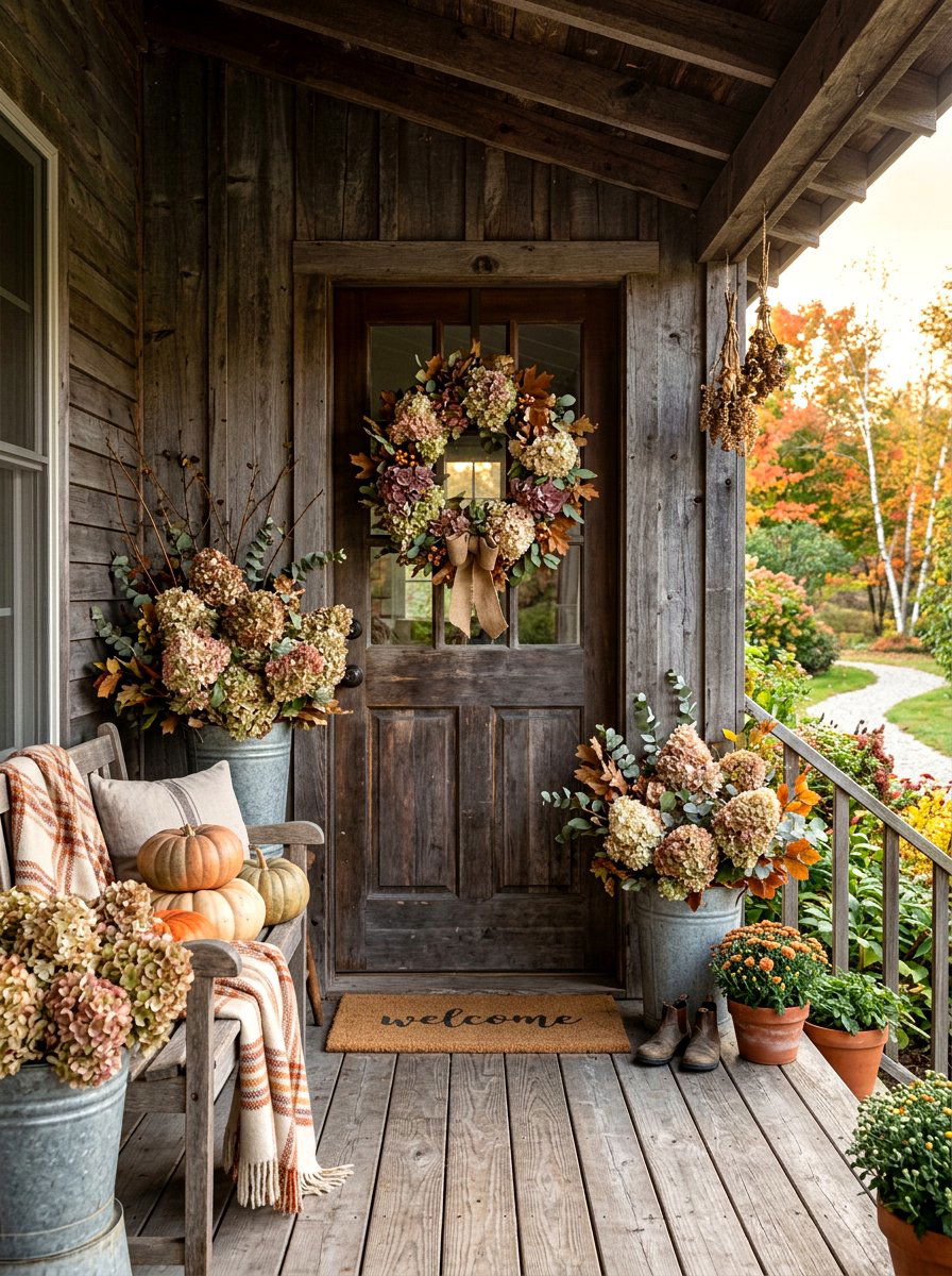 Dried Hydrangea Porch Decor - 30 natural autumn porch ideas
