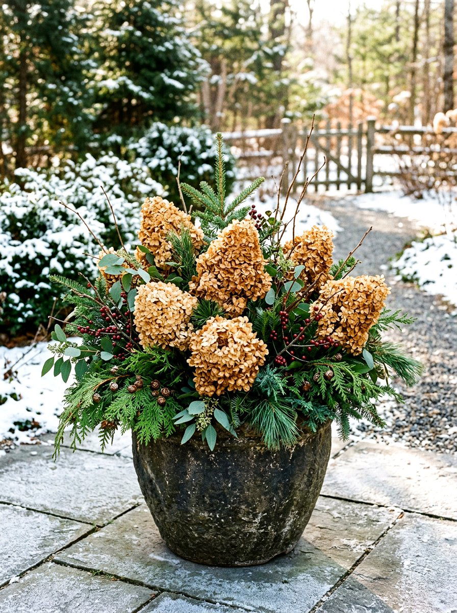 Dried Hydrangea Winter Pot - 30 winter container garden ideas