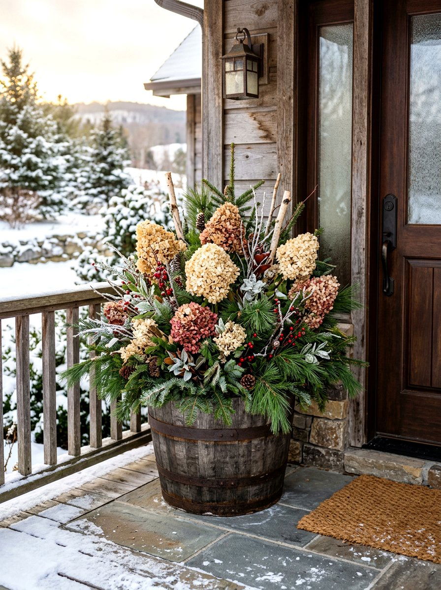 Dried Hydrangeas Winter Greenery - 30 winter porch planter ideas