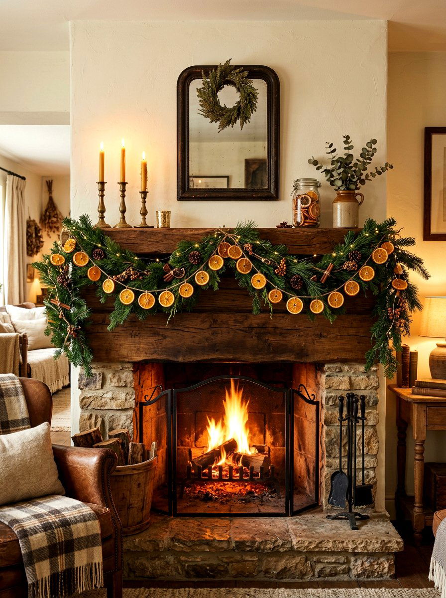 Dried Orange Mantel - 30 holiday mantel garland ideas