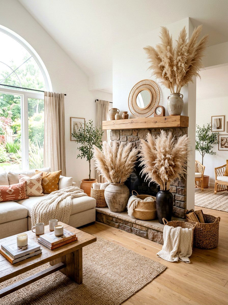 Dried Pampas Grass Fireplace - 30 fall mantel styling ideas